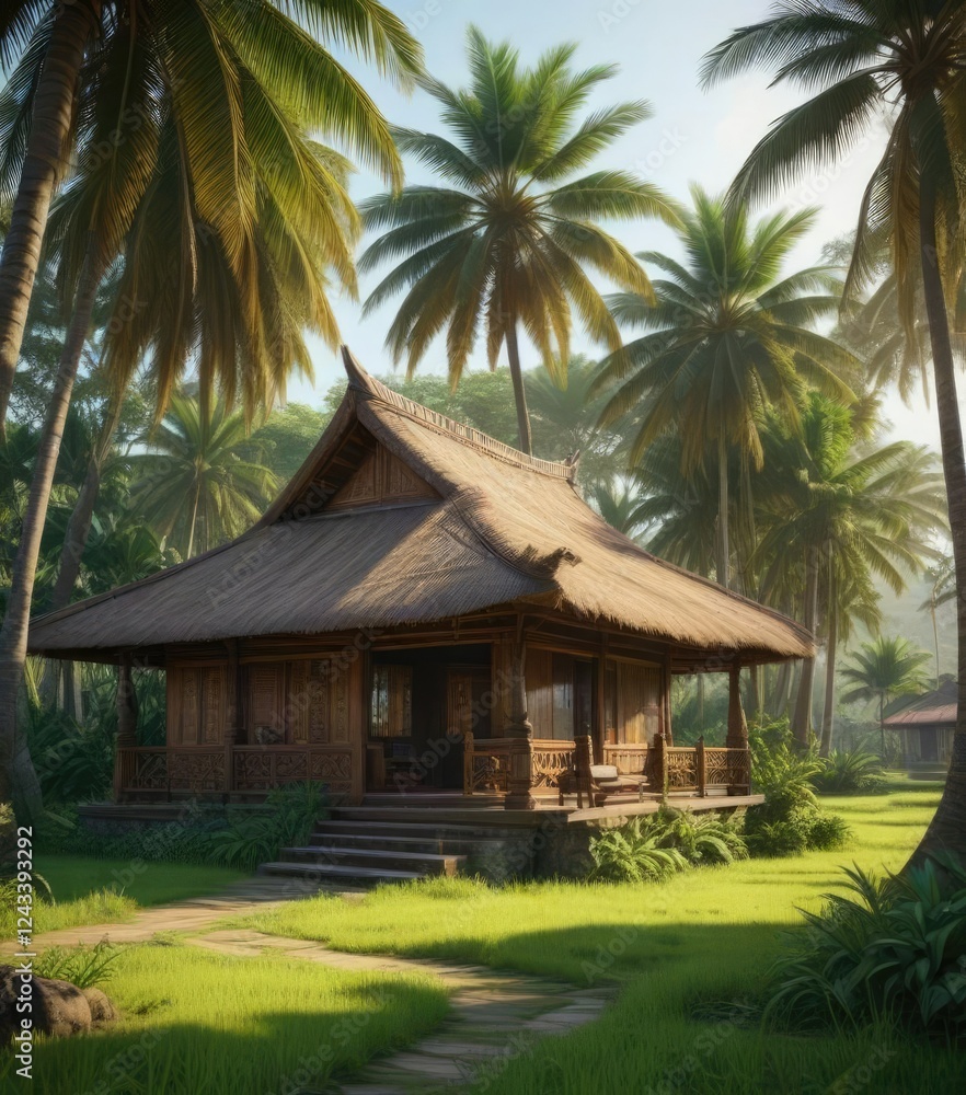 traditional Balinese joglo house situated amidst a lush landscape of palm trees and vast rice fields under the shade of a tree , traditional architecture, palm trees traditional Balinese joglo house situated amidst a lush landscape of palm trees and vast rice fields under the shade of a tree , traditional architecture, palm trees