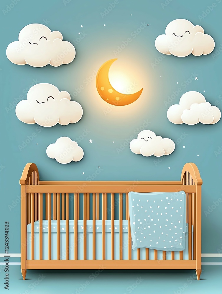 Obraz premium Moon Nursery Room Decor with wooden baby crib and glowing stars creating dreamy night sky atmosphere for peaceful infant sleep, cozy Moon Nursery Room Decor concept for baby room interior design 