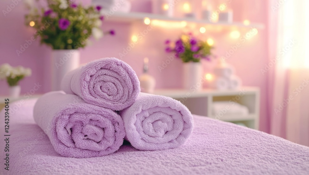 Spa Relaxation: Lavender Towels on Massage Table Spa Relaxation: Lavender Towels on Massage Table
