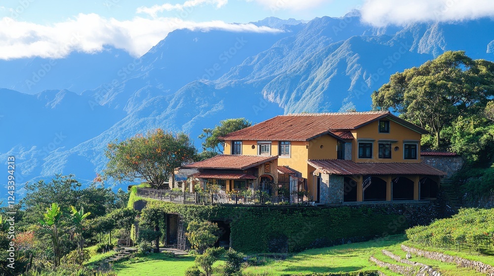 Naklejka premium Scenic Mountain View of a Cozy House Surrounded by Lush Greenery