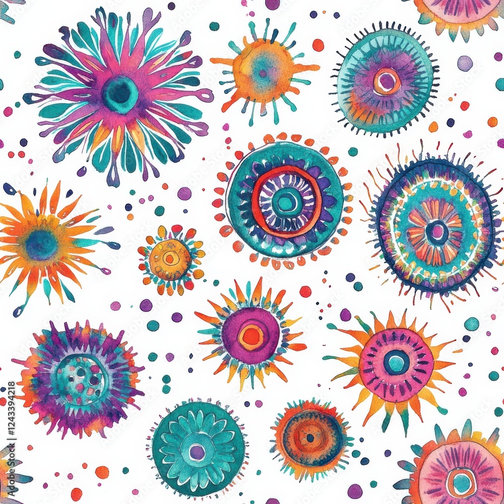 Fototapeta premium Vibrant watercolor doodles featuring playful and whimsical cartoon designs with various shapes and colors