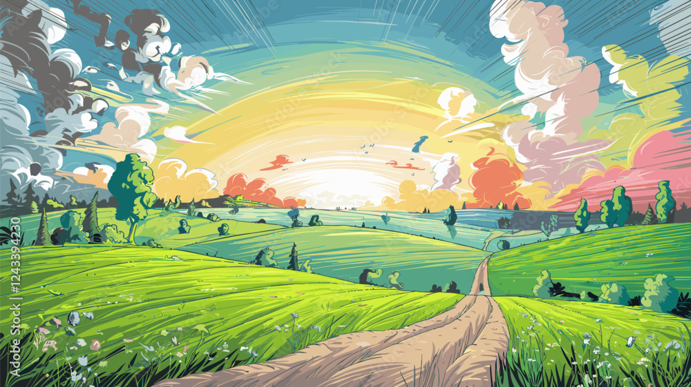 Obraz premium Sunlit Landscape with Path and Clouds