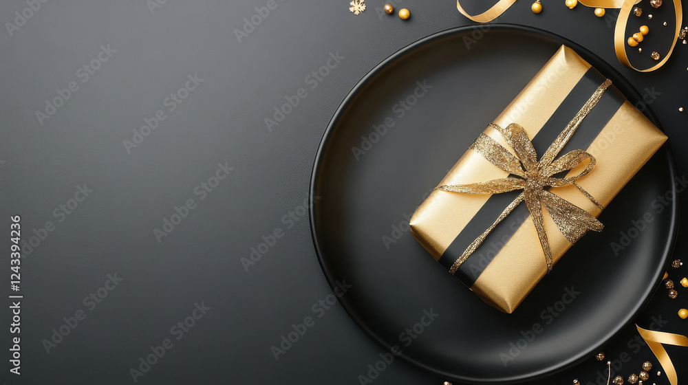 New year setting black empty plate top, black and gold New year setting black empty plate top, black and gold