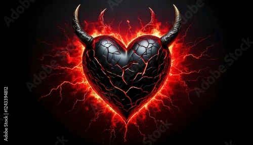 A dark black heart with sharp devil horns, glowing red cracks