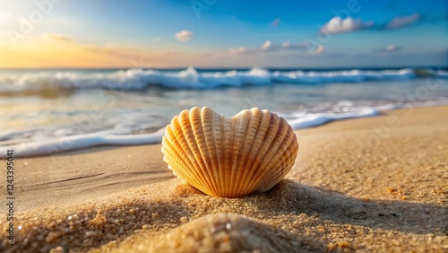 Fototapeta Naklejka Na Ścianę i Meble -  Seashell Heart on Sandy Beach at Sunset