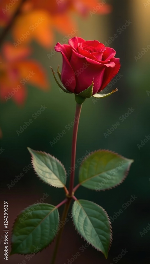 A single long-stemmed red rose against a backdrop of autumn leaves, red rose, stem A single long-stemmed red rose against a backdrop of autumn leaves, red rose, stem