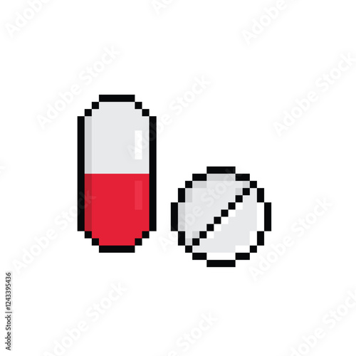 pixel pills  icon.  Vector pixel art medicine 8 bit logo for game