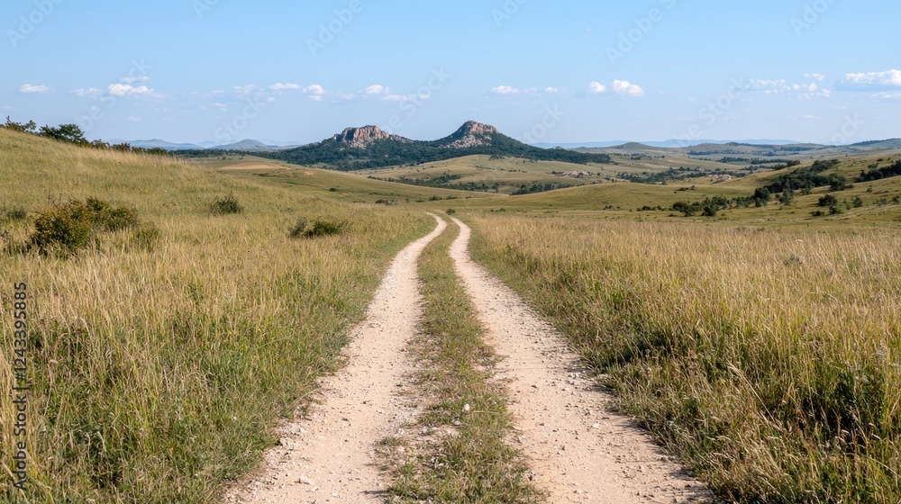 Dirt road leading to twin hills, grassy plains background, summer landscape, travel photography Dirt road leading to twin hills, grassy plains background, summer landscape, travel photography