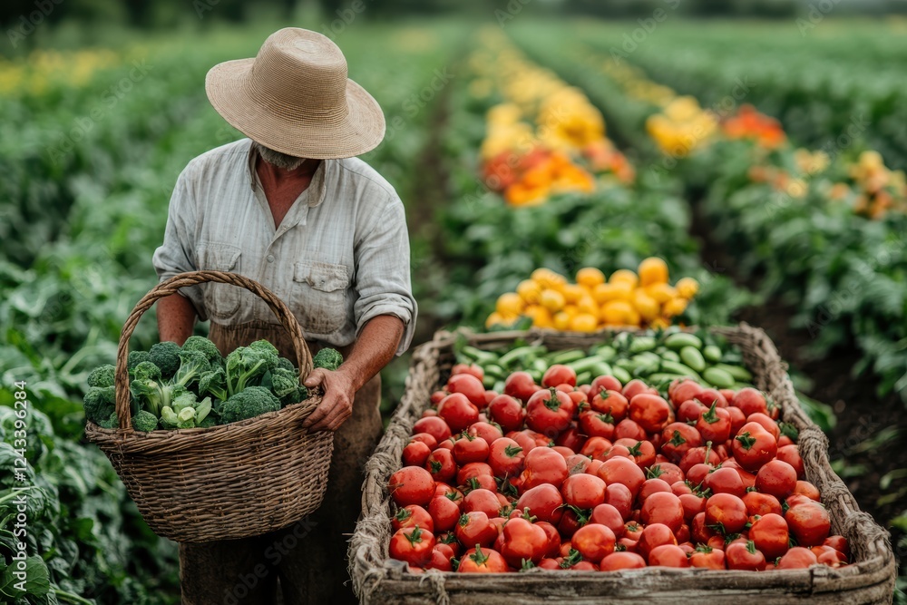 Fototapeta premium Farmer harvesting vegetables in the vibrant field during summer