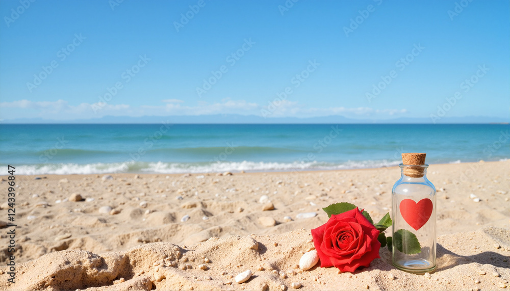 Rose and heart bottle on sandy beach for blogs, websites, greeting cards, romantic themes, couples' stationery, beach weddings, and love-themed presentations Rose and heart bottle on sandy beach for blogs, websites, greeting cards, romantic themes, couples' stationery, beach weddings, and love-themed presentations