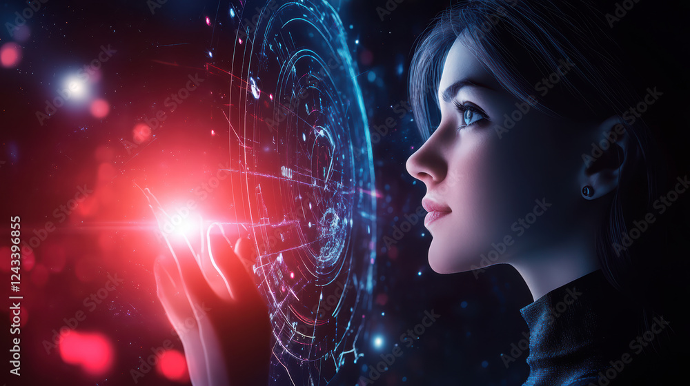cyborg girl interacts with glowing interface in cosmic setting, showcasing advanced technology and futuristic atmosphere. scene evokes sense of wonder and exploration cyborg girl interacts with glowing interface in cosmic setting, showcasing advanced technology and futuristic atmosphere. scene evokes sense of wonder and exploration