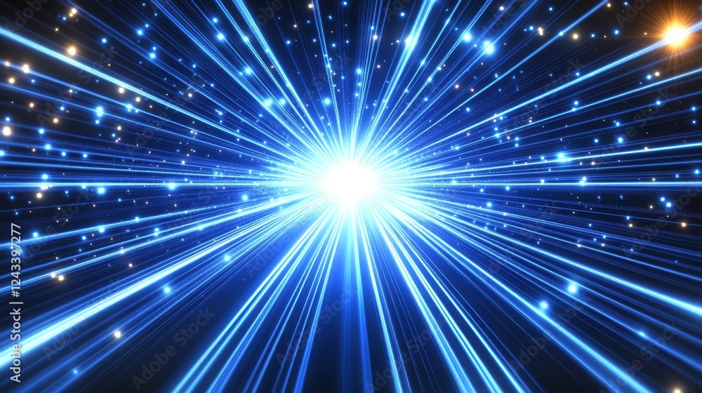 Abstract Light Speed, Radial Streaks of Light Converging on a Bright Center, Deep Blue Background. Abstract Light Speed, Radial Streaks of Light Converging on a Bright Center, Deep Blue Background.