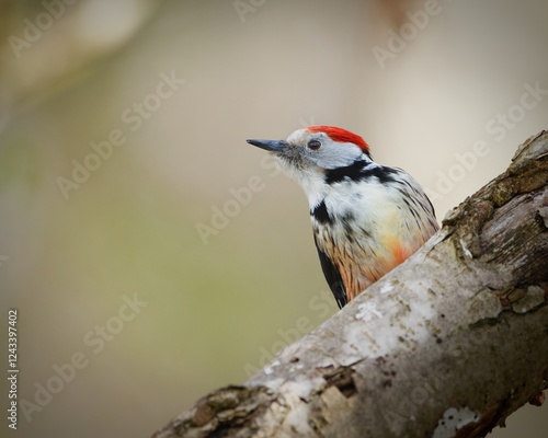 Middle Spotted Woodpecker on a Tree Trunk