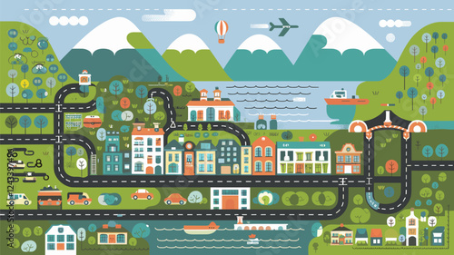 Town Landscape Bird's-Eye View Illustration