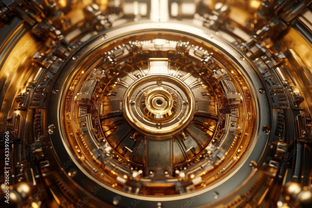 Fototapeta premium A close-up of a complex, intricately designed circular mechanism with golden hues and metallic textures, showcasing modern engineering and aesthetics.
