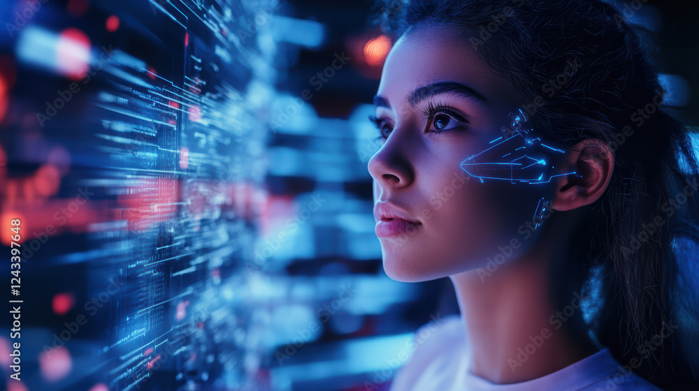 Cyborg girl with holographic display, immersed in technology, showcasing futuristic elements and digital interfaces Cyborg girl with holographic display, immersed in technology, showcasing futuristic elements and digital interfaces