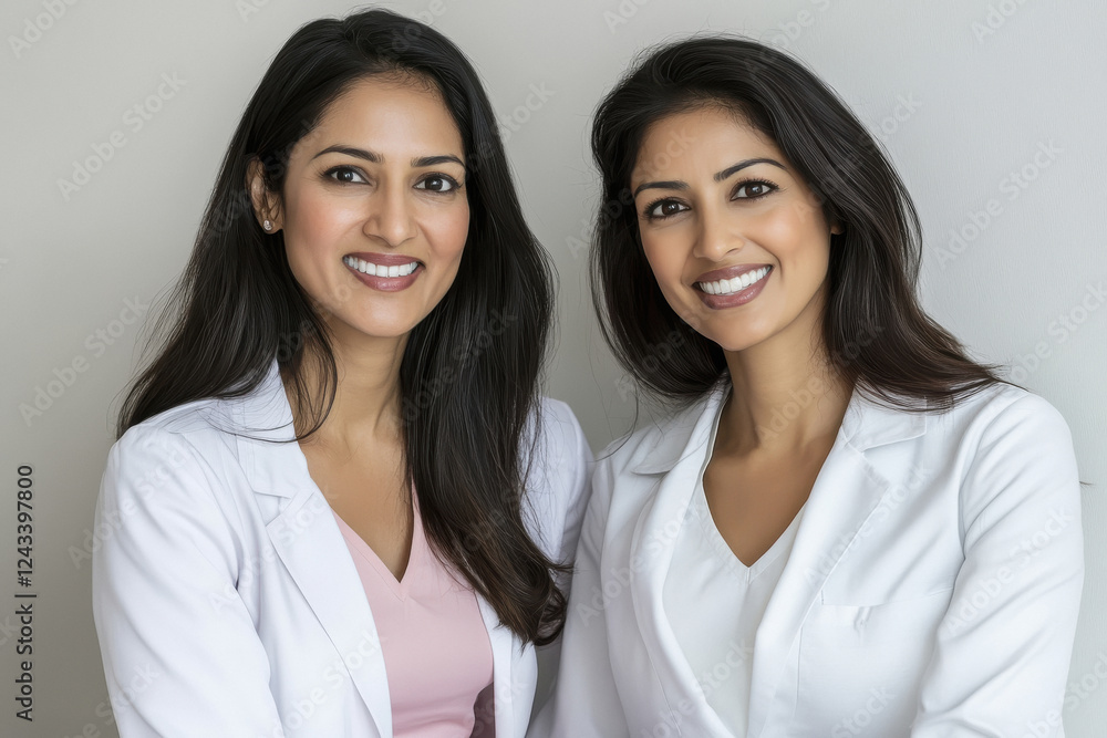 Beautiful Modern Indian dermatologist sitting with her beautiful Indian patient, in her modern skin clinic, smiling, light background Beautiful Modern Indian dermatologist sitting with her beautiful Indian patient, in her modern skin clinic, smiling, light background