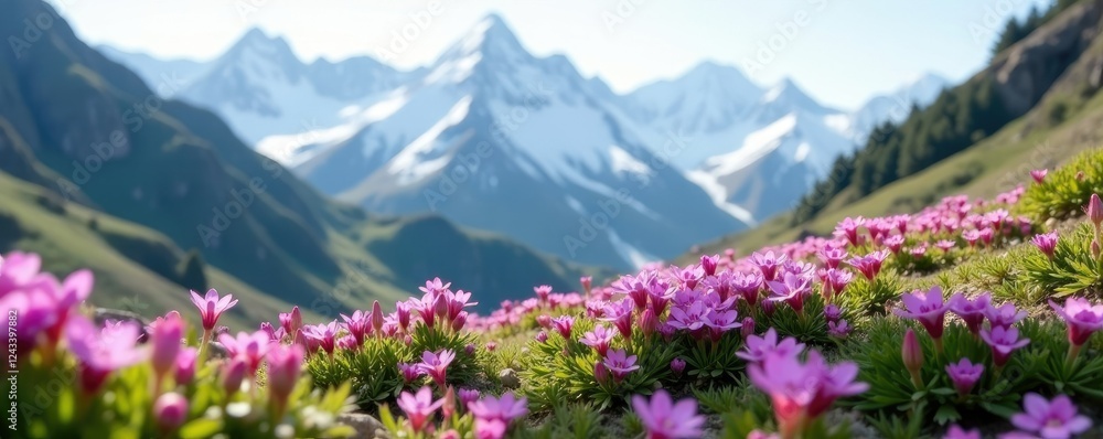 Fototapeta premium Purple saxifrage in full bloom against a backdrop of snow-covered mountains, Botany, Landscape