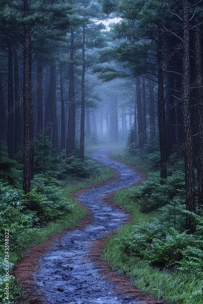 Fototapeta premium Winding Forest Path Through Misty Pine Trees