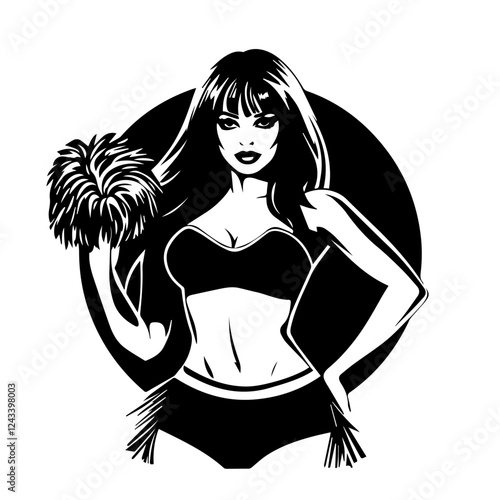 Black and white illustration of a beautiful cheerleader girl. Cheerleader with pom-poms in her hands. Cheerleading.