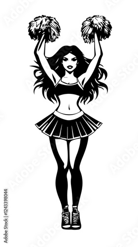 Black and white illustration of a beautiful cheerleader girl. Cheerleader with pom-poms in her hands. Cheerleading.