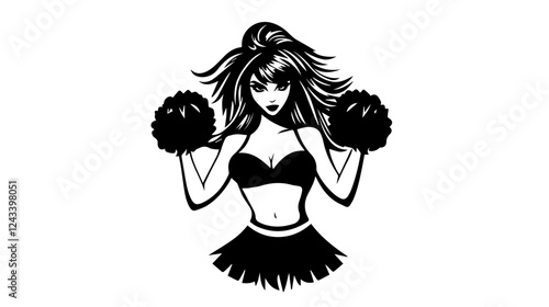 Black and white illustration of a beautiful cheerleader girl. Cheerleader with pom-poms in her hands. Cheerleading.