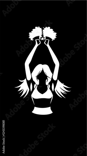 Black and white illustration of a beautiful cheerleader girl. Cheerleader with pom-poms in her hands. Cheerleading.