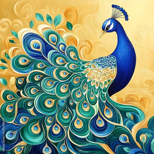 Wallpaper Mural A traditional Ukiyo-e style illustration of a majestic peacock with intricately rendered feathers, capturing elegance and Japanese artistic beauty. Torontodigital.ca
