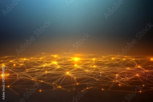 Golden Digital Network Abstract - Futuristic technology, digital connection, network nodes, glowing lines, abstract background. Symbolizing innovation, connectivity, data flow, communication