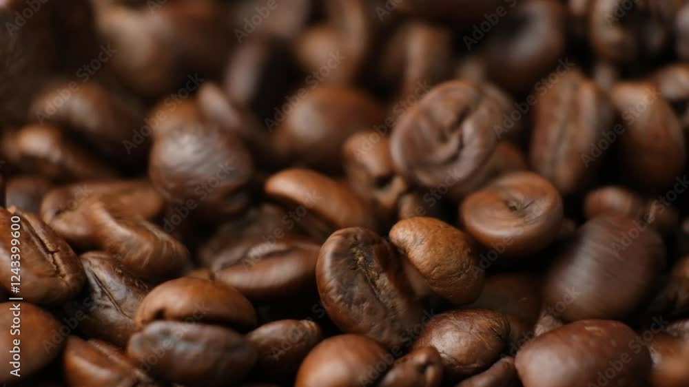 Decaf coffee beans pouring macro slow motion. Decaf coffee beans pouring macro slow motion.