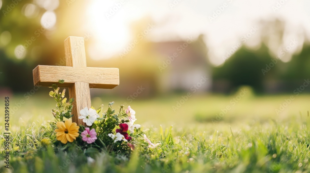 Wooden cross adorned with fresh flowers in a sunlit grassy field during a peaceful afternoon gathering Wooden cross adorned with fresh flowers in a sunlit grassy field during a peaceful afternoon gathering