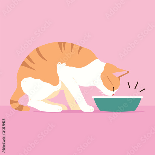 Cat eats food or drink water from a bowl. Cartoon cute kitty happily eating cat food. Hungry animal. Animal shelter, animal help concept. Vector flat illustration.