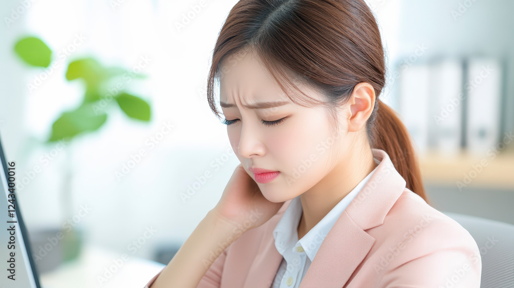 Young woman experiencing neck pain at work desk, workplace ergonomics, stress relief, office health tips, productivity solutions. Young woman experiencing neck pain at work desk, workplace ergonomics, stress relief, office health tips, productivity solutions.