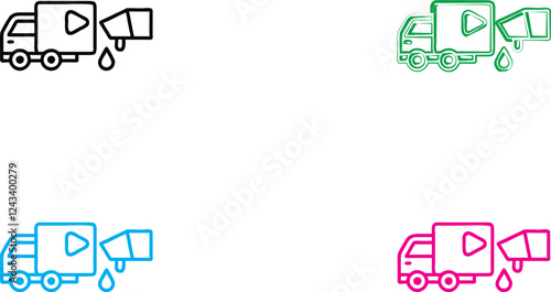 Simple line drawings, delivery trucks, play button icons, colorful outlines, minimalist design, cartoon style, four different colors, black green blue pink, logistics concept, video content delivery, 