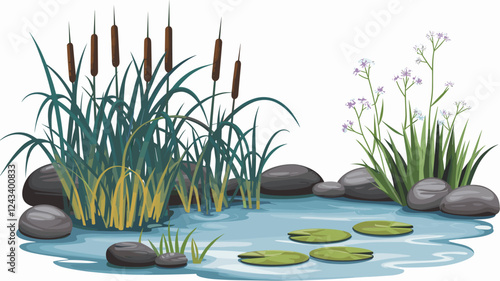 Pond with Cattails, Lily Pads, and Rocks