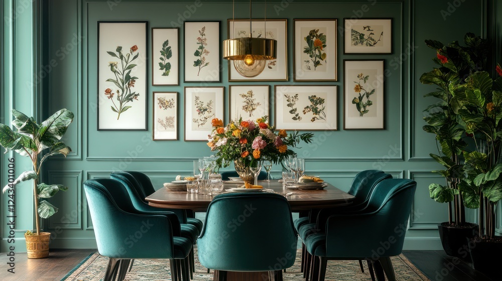 Fototapeta premium Elegant dining room with framed botanical prints, teal velvet chairs, and a wooden table.