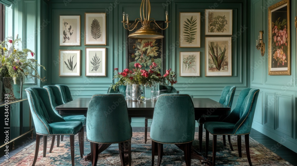 Elegant teal dining room with botanical prints and a chandelier. Elegant teal dining room with botanical prints and a chandelier.