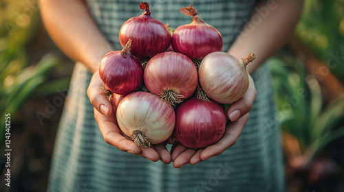 Freshly picked onions held in hands against a backdrop of lush garden greenery during golden hour