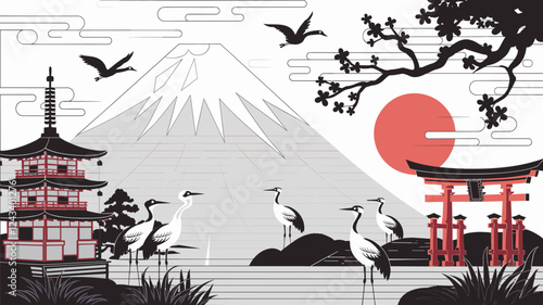 Japanese Landscape with Mount Fuji Silhouettes