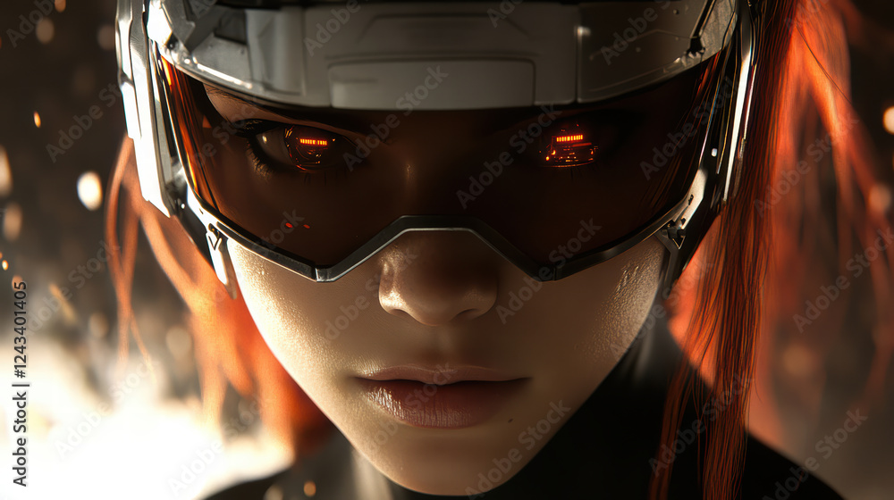 Cyborg girl with sleek visor and glowing eyes in digital world, showcasing futuristic aesthetic and intense expression. image captures blend of technology and human emotion Cyborg girl with sleek visor and glowing eyes in digital world, showcasing futuristic aesthetic and intense expression. image captures blend of technology and human emotion