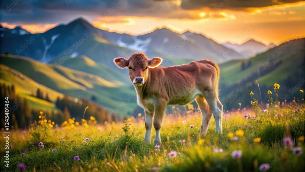 Naklejka premium Young calf standing in a vibrant meadow at sunset, majestic mountains in the background, idyllic pastoral scene