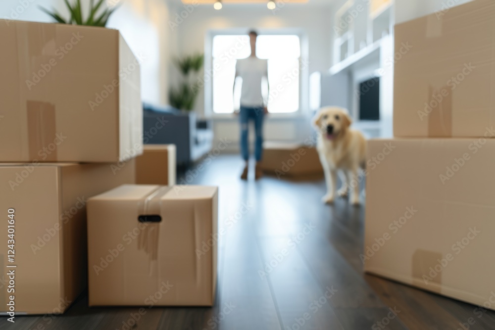 Fototapeta premium Moving day with a friendly dog in a new home filled with unpacked boxes and natural light in a modern living room setting
