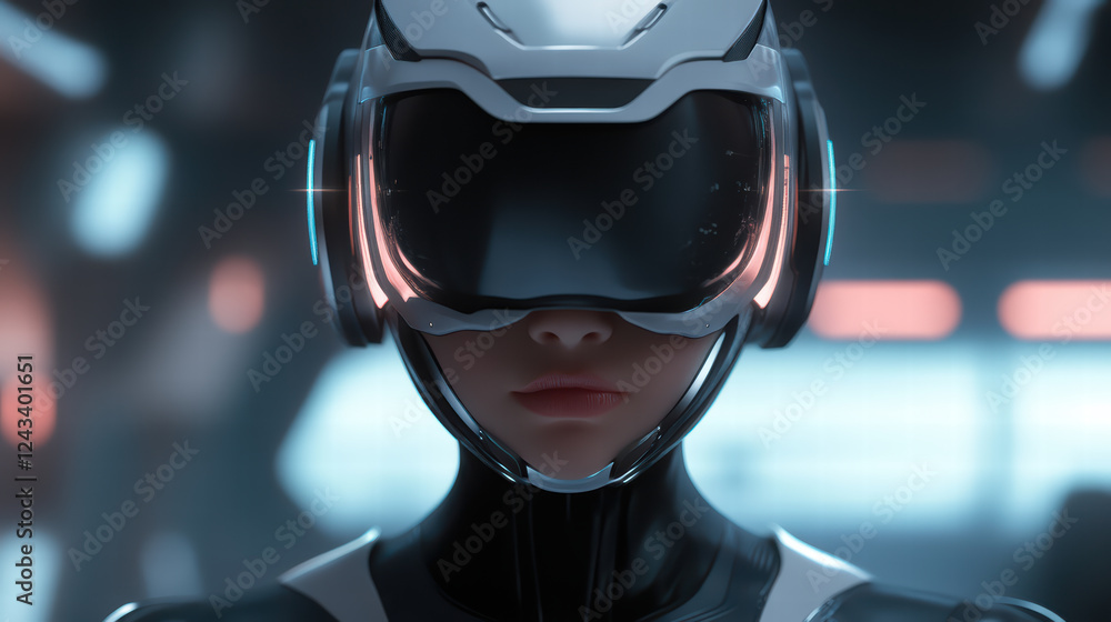 Cyborg girl with sleek visor in futuristic virtual reality setting, showcasing advanced technology and captivating expression Cyborg girl with sleek visor in futuristic virtual reality setting, showcasing advanced technology and captivating expression