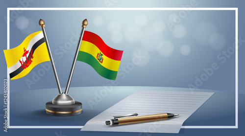 Brunei and Bolivia National flags on small table with bokeh background, cooperative relationship