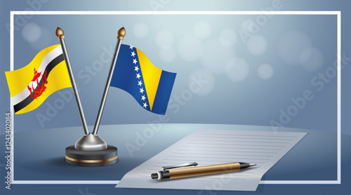 Brunei and Bosnia and Herzegovina National flags on small table with bokeh background, cooperative relationship