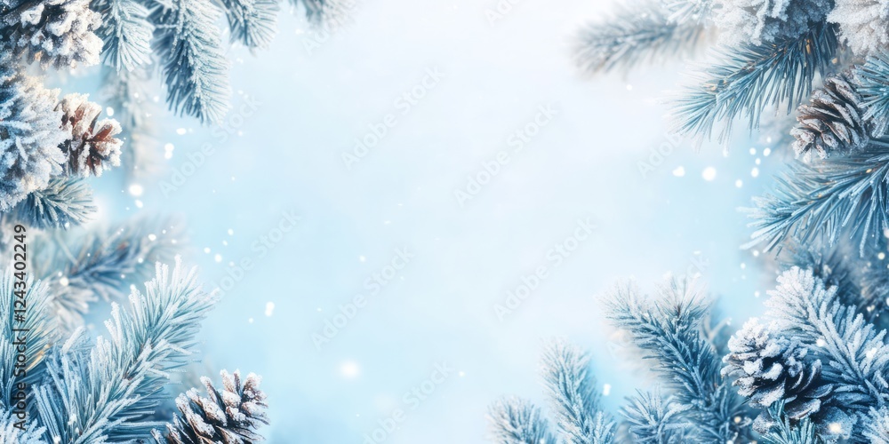 Frosty Pine Branches and Pinecones Winter Scene Frosty Pine Branches and Pinecones Winter Scene