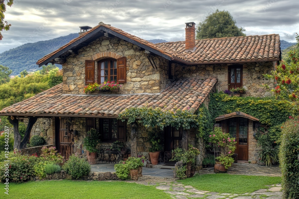 Rustic house with slate roof surrounded by lush greenery in a serene setting Rustic house with slate roof surrounded by lush greenery in a serene setting