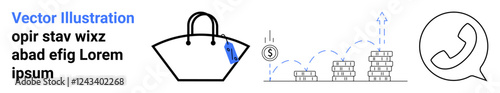 Shopping bag with tag, dollar coin, growing stacked coins, arrow chart, and phone icon. Ideal for business, finance, shopping, e-commerce communication investment and flat landing page banner