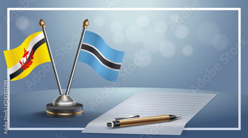 Brunei and Botswana National flags on small table with bokeh background, cooperative relationship
