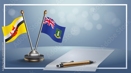 Brunei and British Virgin Islands National flags on small table with bokeh background, cooperative relationship